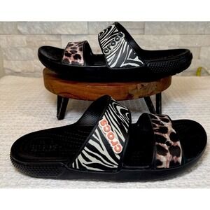 Crocs Sandals Womens Size 9 Black Zebra Leopard Animal Print Slide Shoes